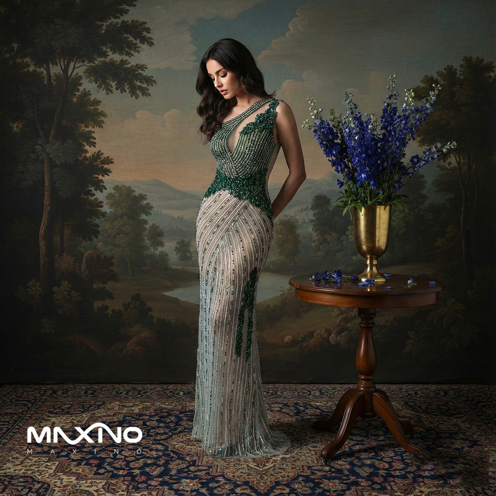 پنل لباس مجلسی سبز لاکچری با سنگ زمرد